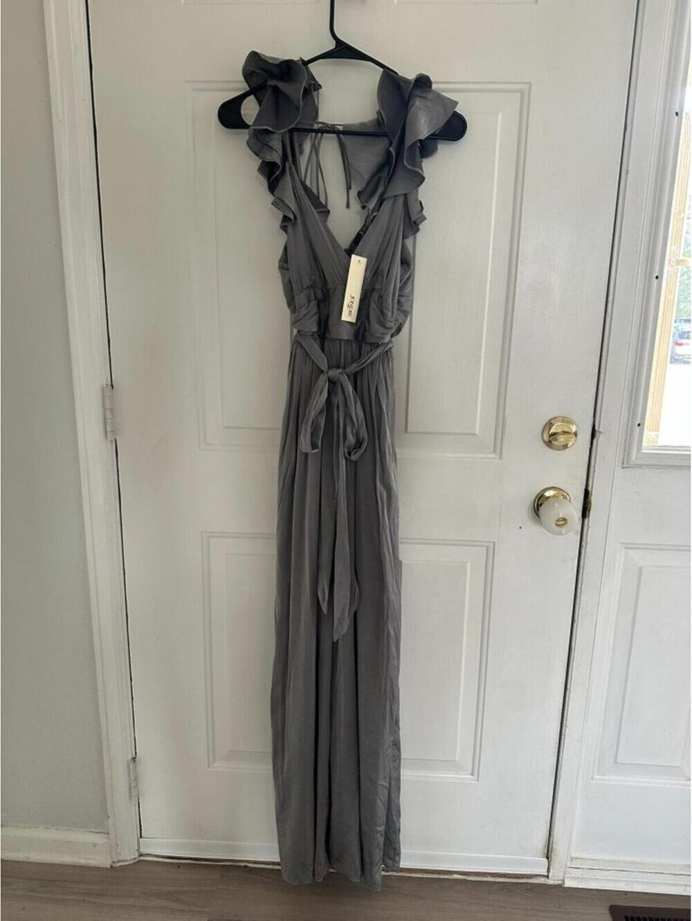 NWT Jondie Silver Ruffle Jumpsuit Size S Wide Leg Halter